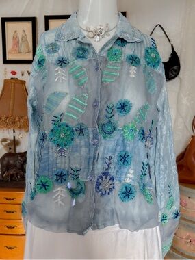 Whimsy fairy mermaid vintage girly silk beaded sequin embroidered blouse
